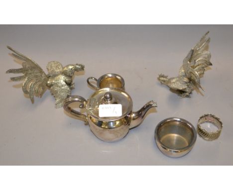 A three piece silver plated bachelor tea service with other silver plated items 