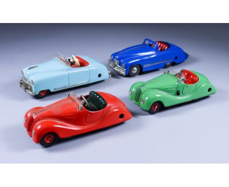 Three Schuco Tin Plate Clockwork Cars, comprising - "Examico 4001", green with red interior, "Akustico 2002", red with green 