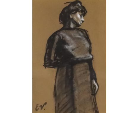 EV. (Late 19th/Early 20th Century) - Watercolour and charcoal heightened in white - Three quarter length portrait of a standi