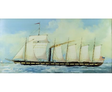 19th/20th Century English School - Oil painting - Ship portrait - Six masted steam ship in full sail flying the American flag