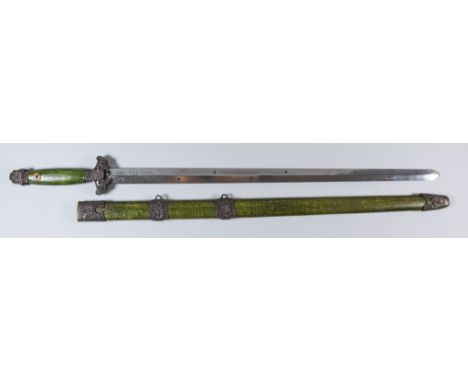 A Chinese Jian, 20th Century, the 31.25ins (79.4cm) finely watered double edge blade inlaid with copper emblems and inscribed