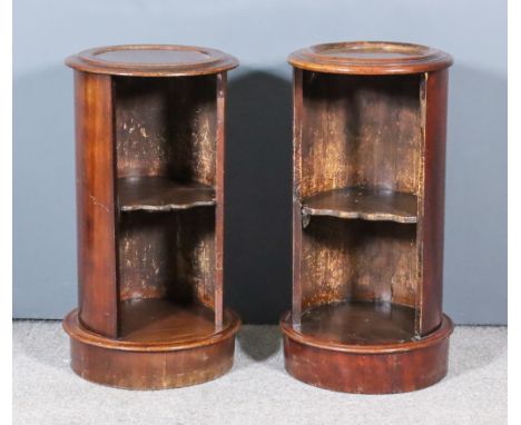 Two Victorian Mahogany Cylindrical Bedside Cabinets, with turned and moulded top edge, each now fitted one open shelf, on pli