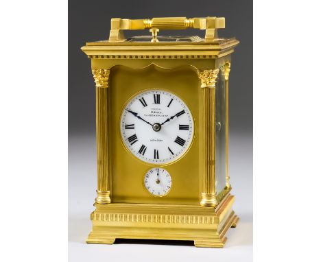 A Late 19th Century French Carriage Clock, No. 16948, retailed by Dent, 28 Cockspur Street, London, the 1.875ins diameter whi