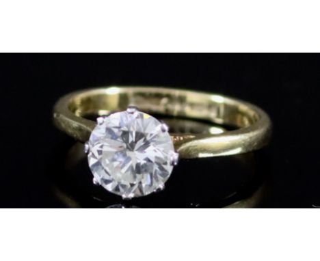 A Solitaire Diamond Ring, Modern, in 18ct gold mount, set with a round brilliant cut diamond, approximate weight 1.5ct, size 