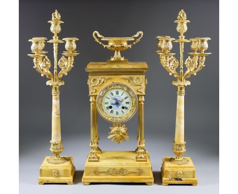 A Mid 19th Century French Gilt Brass and Siena Marble Three-Piece Clock Garniture of "Empire" Design, by Japy Freres, No. 184