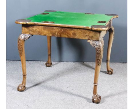 A Good Early 20th Century Figured Walnut Concertina Action Card Table of "George II" Design, the top veneered in three matche