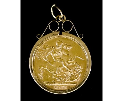 A Victoria 1877 Sovereign, (Young Head),  fair/fine,  mounted in a 9ct gold suspension ring, gross weight 9.3g