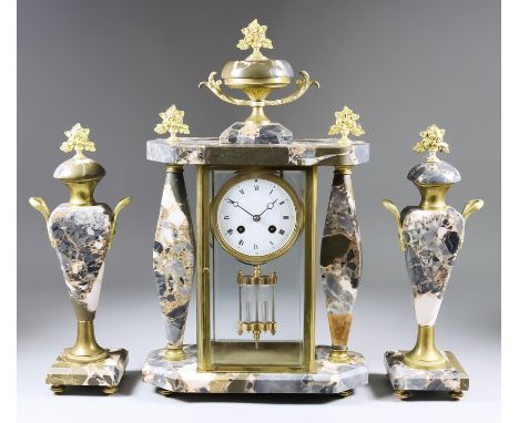 A Late 19th Century French Three-Piece Clock Garniture, by Samuel Marti, No. 1455 6, the 3.75ins diameter white enamel dial w