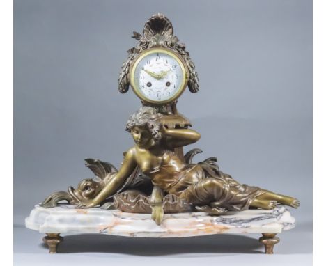 A Late 19th Century French Bronzed Spelter Cased Mantel Clock, the 4ins diameter white enamel dial with Arabic numerals and s