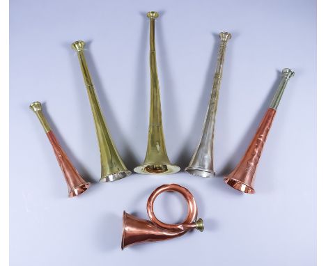 A Late 19th Century Copper and Brass Horn by Kohler &amp; Son, Covent Garden, 9ins high, four other horns, and a miniature bu
