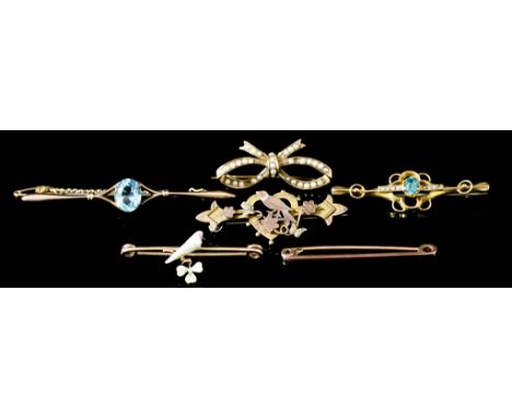 A Mixed Lot of 9ct Gold Bar Brooches, comprising - three gem set brooches, 65mm, 50mm and 35mm, two plain brooches, 50mm and 