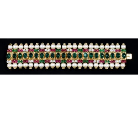 An Emerald, Ruby, Diamond and Pearl Bracelet, 20th Century, by Van Cleef &amp; Arpels, the bracelet in 18ct gold, set with ca