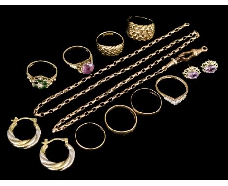 A Mixed Lot of Jewellery, comprising - three gem set rings, set with amethyst, green and white gemstones, sizes M, N, and Q, 