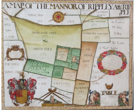 Francis Hill (Late 17th/Early 18th Century English School) - Estate plan - "A Map of the Mannor of Rippley Attis Ripple", bel