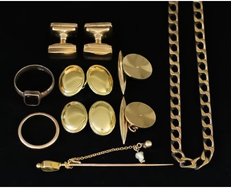 A Mixed Lot of 9ct Gold, comprising - flat curb chain, 600mm overall, three pairs of cufflinks. peridot mounted stick pin, an