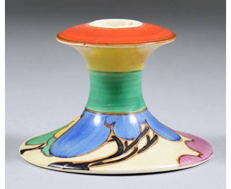 A Clarice Cliff 'Bizarre' Pottery Candlestick (Shape 310), painted with "Autumn Blue" pattern, circa 1930-34, 3ins high, with