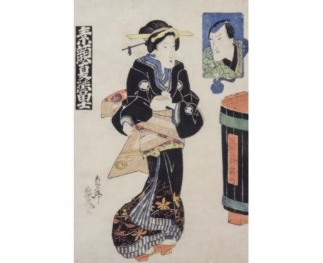 Sencho (active 1818-1843) - Japanese woodblock print in colours - "Sugao Natsu No Fuji" - Full length portrait of a beauty, 1