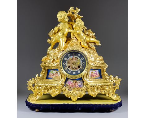 A Late 19th Century French Ormolu and Porcelain Mounted Figural Mantel Clock, signed Robelin of Paris, the 3.5ins diameter po