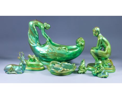 Fourteen Zsolnay Pecs Eosin Glazed Pottery Figures, including centrepiece with young woman pulling in a fishing net, 11ins hi