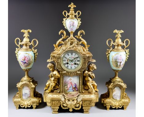 A Late 19th Century French Gilt Metal and Porcelain Mounted Three-Piece Clock Garniture, by L. Marti, No. 1358 64, the 3.25in