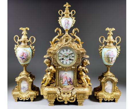 A Late 19th Century French Gilt Metal and Porcelain Mounted Three-Piece Clock Garniture, by L. Marti, No. 1358 64, the 3.25in