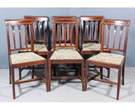A Set of Six Edwardian Mahogany Dining Chairs, the crest rails inlaid with satinwood bandings and stringings, each with three