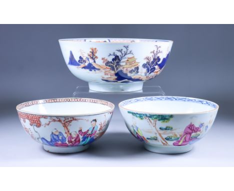 A Chinese Porcelain Bowl, 18th Century, painted in blue, red and gilt with pavilions and islands, 10.5ins (26.7cm) x 4.5ins (