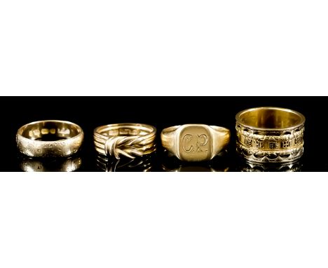 An 18ct Gold Memento Mori Ring, 19th Century, size P, and Three Other 18ct Gold Rings, comprising - wedding band size P, knot