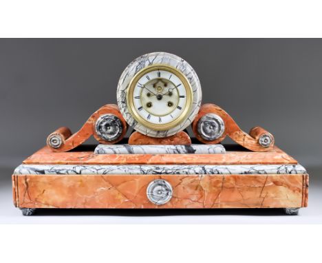 A Late 19th Century French Rouge and Grey Veined Marble Cased Mantel Clock, by L. Marti &amp; Cie, No. 260, the 3.75ins diame