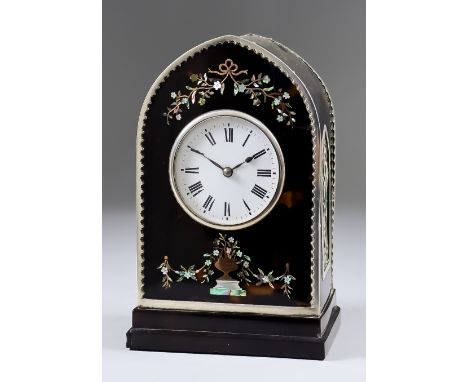 An Edward VII Silver Mounted and Tortoiseshell Mantel Time Piece, the 2.5ins diameter white enamel dial with Roman numerals, 