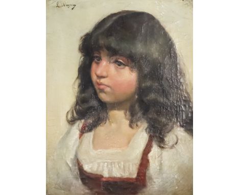 L. Wagner (Late 19th/Early 20th Century) - Oil painting - Shoulder length portrait of a dark haired young girl, signed in bla
