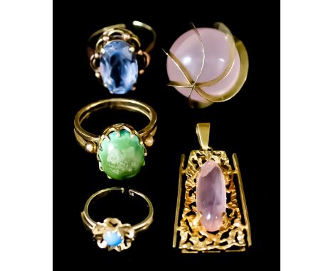 Three 14ct Gold Gem Set Dress Rings, and Two 14ct Gold Pendants, the rings set with semi precious stones, sizes M+, J+ and E,