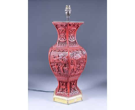 A Chinese Cinnabar Lacquer Baluster-Shaped Vase of Panelled Form, deeply carved with figures in landscapes, now converted to 