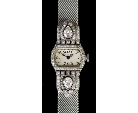 A Lady's Tiffany &amp; Co. Wristwatch, 20th Century, Platinum Cased, the cream rectangular dial set with black Arabic baton n