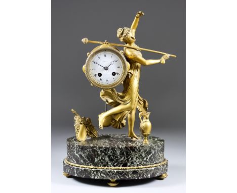 A Late 19th Century French Gilt Brass and Green Veined Marble Oval Base Mantel Clock, the 2.75ins diameter white enamel dial 