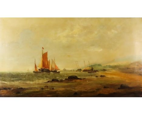 George M... (19th Century English School) - Oil painting - Fishing vessels in a cove unloading their catch, indistinctly sign