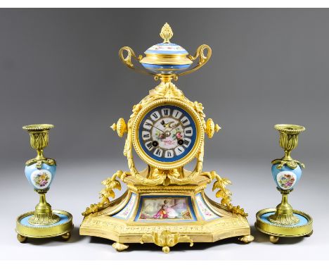 A 19th Century French Gilt Metal and Porcelain Mounted Mantel Clock, by Henri Marc of Paris, No. 53251, the 3.25ins diameter 