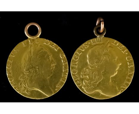 A George III 1766 Guinea and a George III 1788 "Spade" Guinea, both fair, with ring mount attached to both, gross weight 17.4