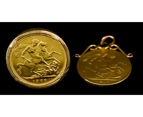 A Victoria 1900 Sovereign (Old Head), mounted in 9ct gold cufflinks, gross weight 13.5g, and a George V 1914 Sovereign, with 