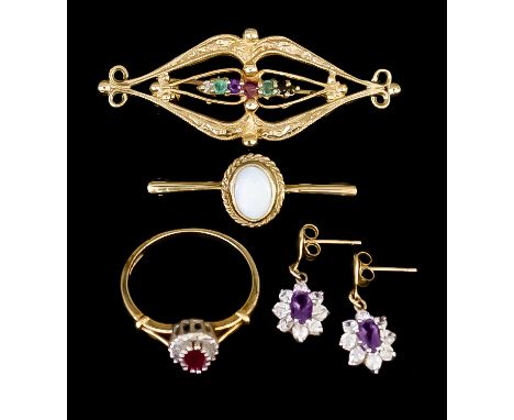 A Mixed Lot of 9ct Gold Gem Set Items, comprising - brooch, ruby set ring, size N, an opal set bar brooch, 30mm, and a pair o