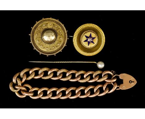 A 9ct Gold Chain Link Bracelet, with textured faces and 9ct gold padlock clasp, weight 16.5g, two Victorian gold coloured met