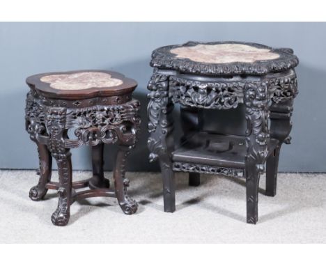 A Chinese Hardwood Square Jardiniere Stand, with bowed fronts, the top inset with pink veined marble panel, the borders carve