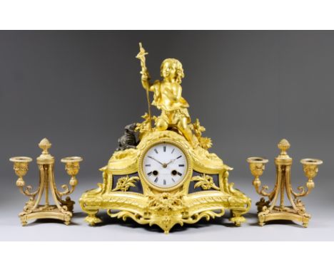 A 19th Century French Gilt Brass and Bronzed Mantel Clock, by F. L. Hausburg of Paris, No. 5404 44, the 3.25ins diameter whit