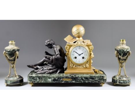 A 19th Century French Gilt Metal and Green Veined Marble Three-Piece Clock Garniture, the clock with 3.75ins diameter white e