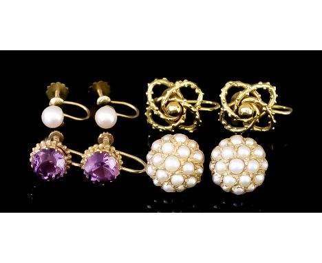 Four Pairs of Gem and Pearl Set Earrings, Modern, all with 9ct gold mounts, one pair set with amethyst, one pair set with pla