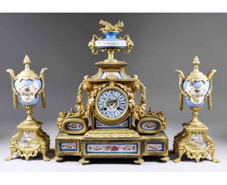 A Late 19th Century French Gilt Brass and Porcelain Mounted Mantel Clock, the 3.25ins diameter porcelain dial with black Roma