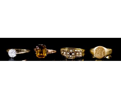 Ten Gem Set Rings and Six 9ct Gold Rings, the ten rings set with various gems in 9ct gold mounts, sizes M, N, N, P, K+, M, Q,