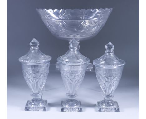 A Glass Navette-Shaped Dish, Late 18th Century, on plain stem over square lemon squeezer footrim, 7.75ins high, and three cut