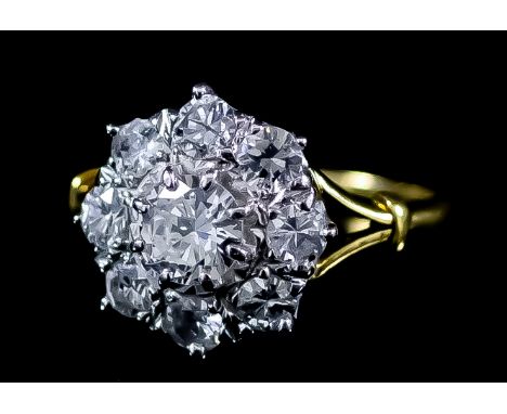 A Diamond Flower Head Pattern Ring, Modern, in 18ct yellow gold mount, set with round brilliant cut diamonds, approximate tot