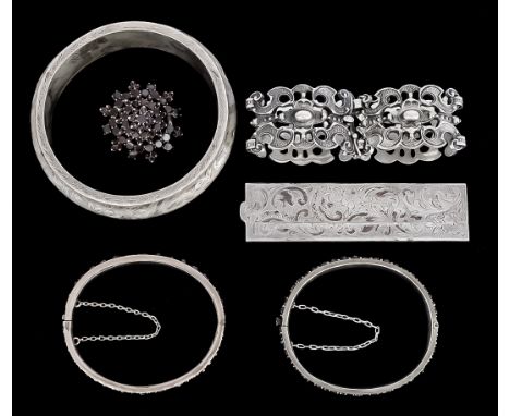An Austrian Silvery Metal Stiff Bangle, and mixed jewellery, the bangle with leaf and floral scroll ornament, a similar recta